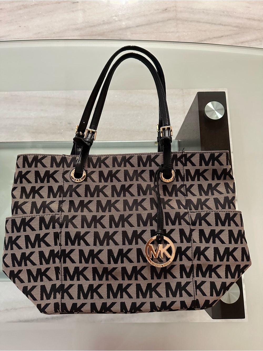 Michael Kors Brown and Black MK Signature Tote with Gold Charm